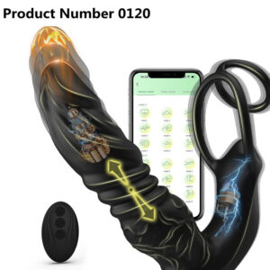 Product Number 0120 // APP Control Men Prostate Massage Dildo Vibrating Telescopic Butt Plug Vibrator With Dual Silicone Cock Ring For Gay Male Anal